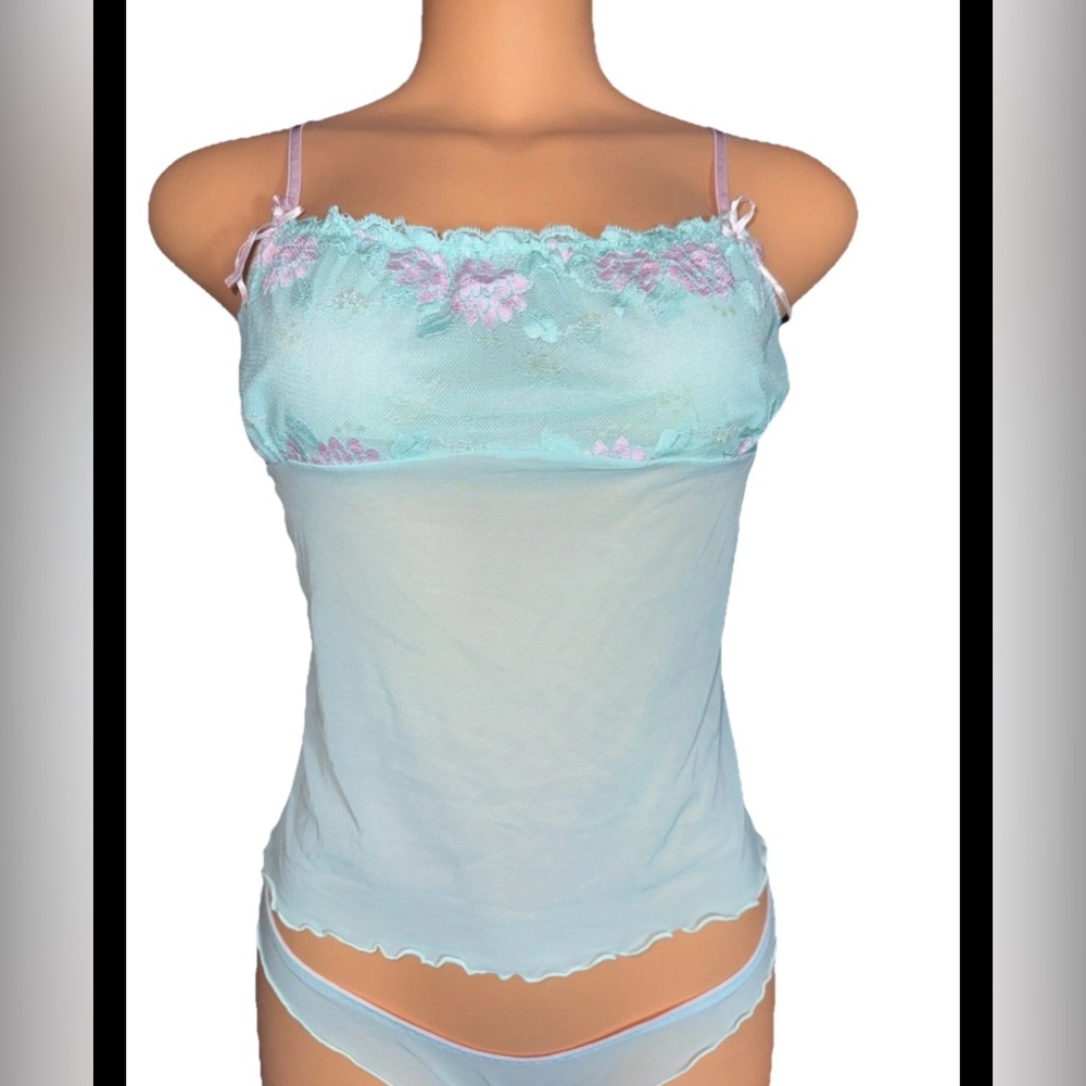 Light Blue Floral Lace Trim Camisole Set - Picture 2 of 6